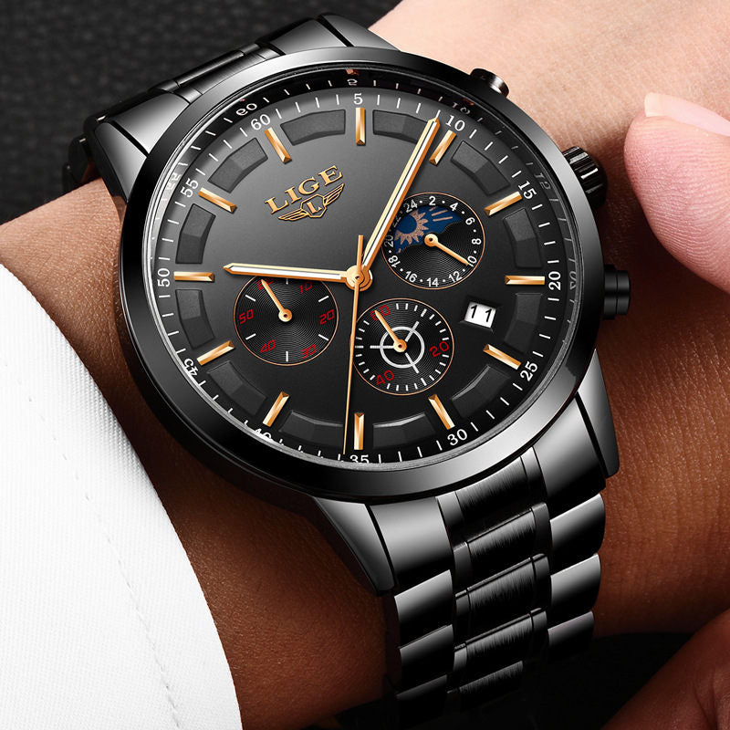 Men&#039;s personality fashion trend casual waterproof moon phase quartz watch business sports watch