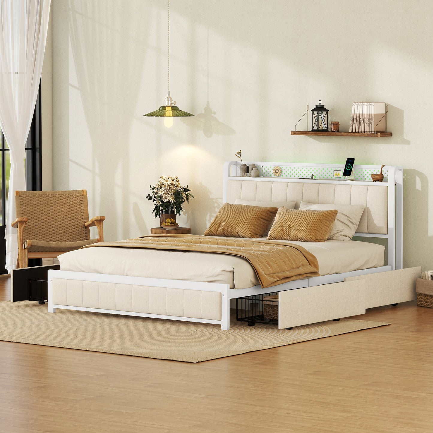 Queen Bed Frame with LED Headboard, Upholstered Bed with 4 Storage Drawers and USB Ports, Beige