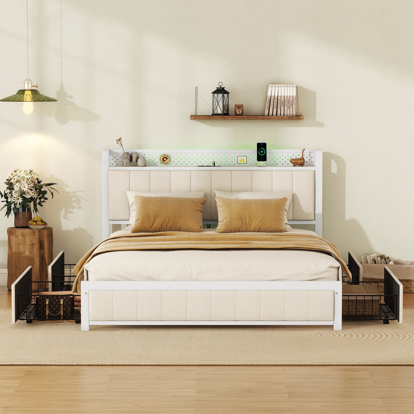 Queen Bed Frame with LED Headboard, Upholstered Bed with 4 Storage Drawers and USB Ports, Beige