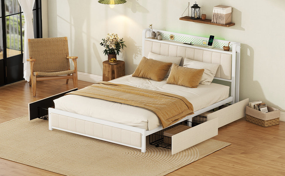 Queen Bed Frame with LED Headboard, Upholstered Bed with 4 Storage Drawers and USB Ports, Beige