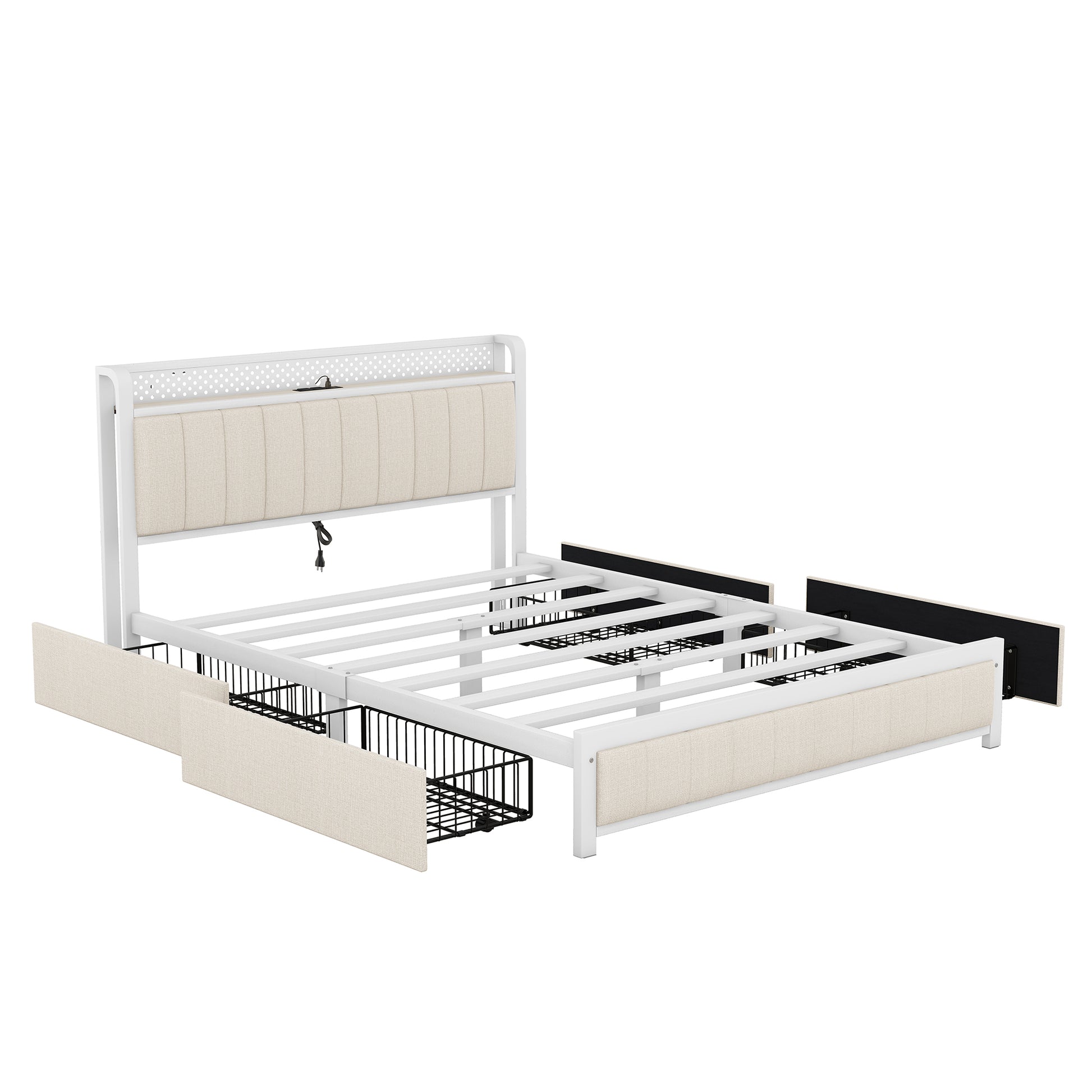 Queen Bed Frame with LED Headboard, Upholstered Bed with 4 Storage Drawers and USB Ports, Beige