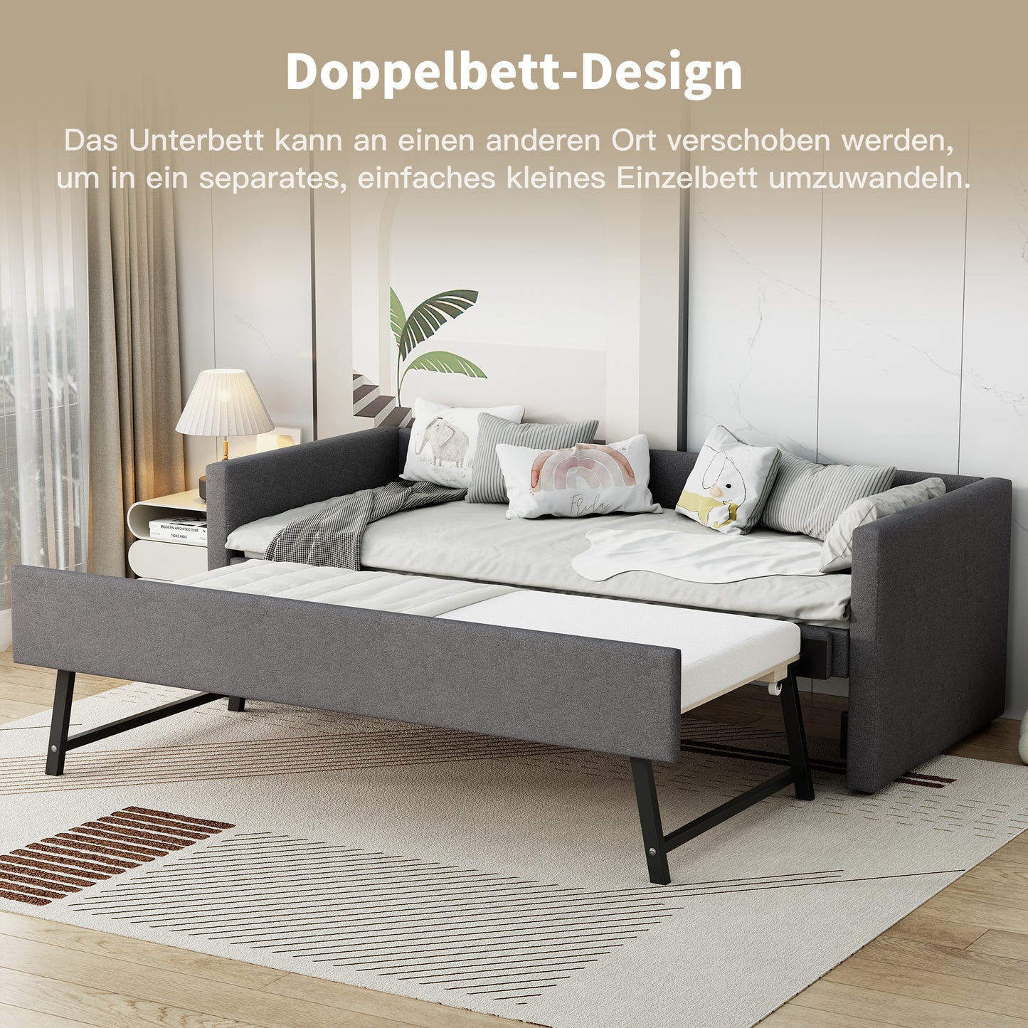 Tagesbett, Doppelbett, Doppelbett mit klappbaren und hochklappbaren Metallbeinen, ohne Matratze, schlicht und stilvoll, 90*200 cm, Leinen, Grau