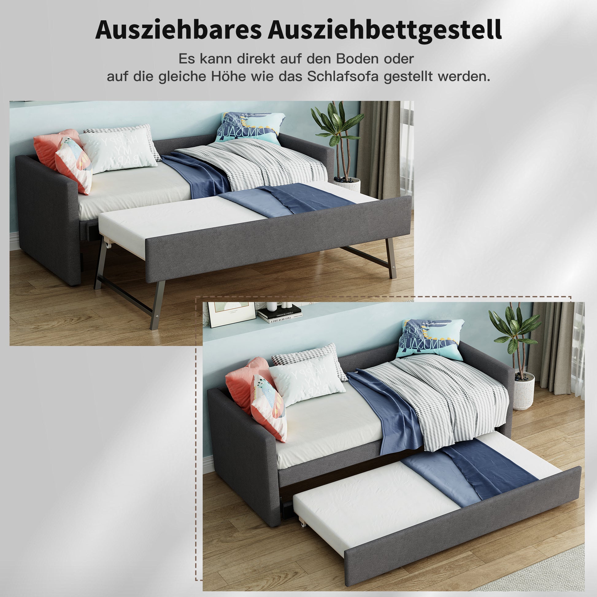 Tagesbett, Doppelbett, Doppelbett mit klappbaren und hochklappbaren Metallbeinen, ohne Matratze, schlicht und stilvoll, 90*200 cm, Leinen, Grau