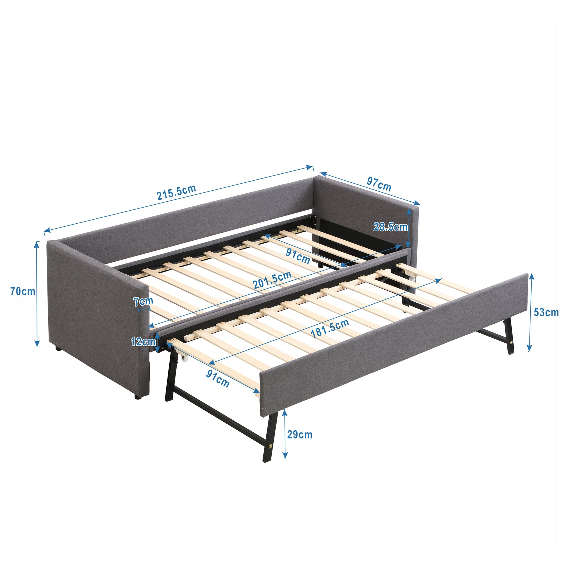 Tagesbett, Doppelbett, Doppelbett mit klappbaren und hochklappbaren Metallbeinen, ohne Matratze, schlicht und stilvoll, 90*200 cm, Leinen, Grau