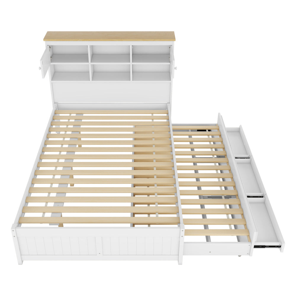 140*200cm Flachbett mit mehreren Staufächern am Kopfende des Bettes, ausgestattet mit ausziehbares Rollbett, drei Schubladen, weiß