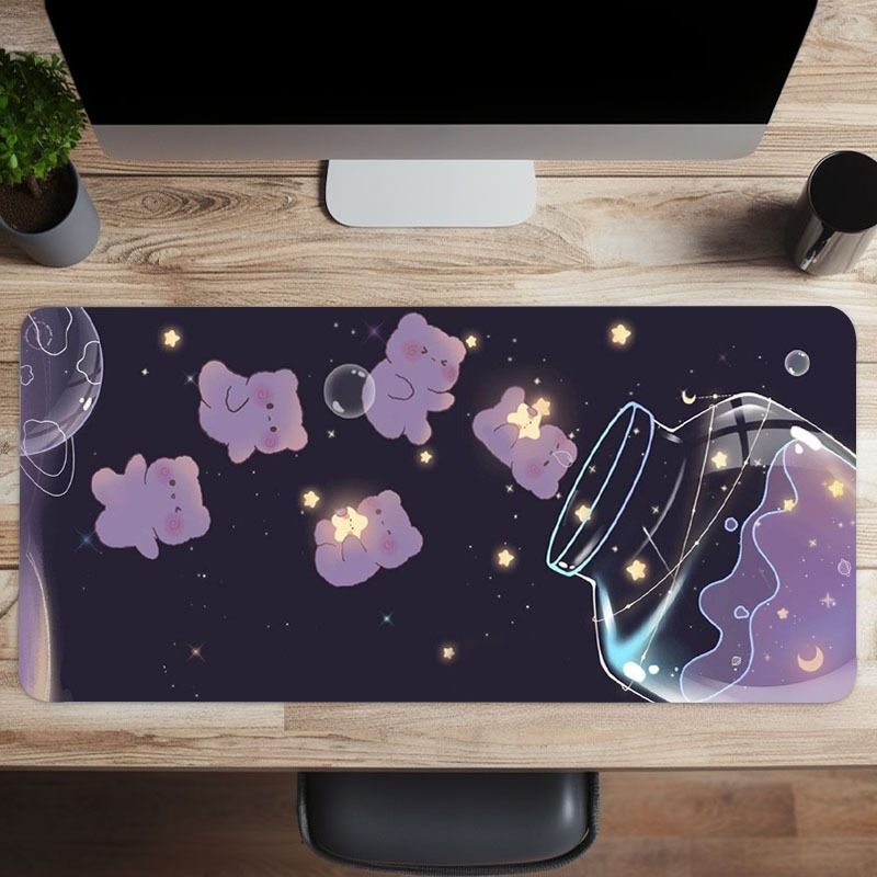 Large Gaming Mousepad Starry Glass Bear Design Anti-Slip Natural Rubber HD Keyboard Pad Desk Mat for Office and Home Use