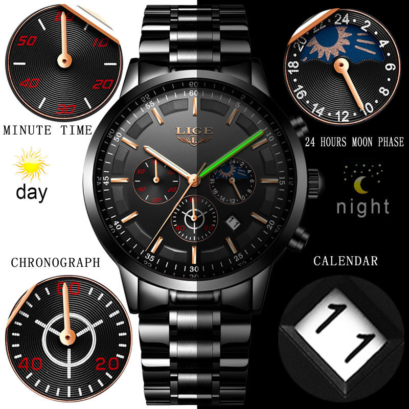 Men&#039;s personality fashion trend casual waterproof moon phase quartz watch business sports watch