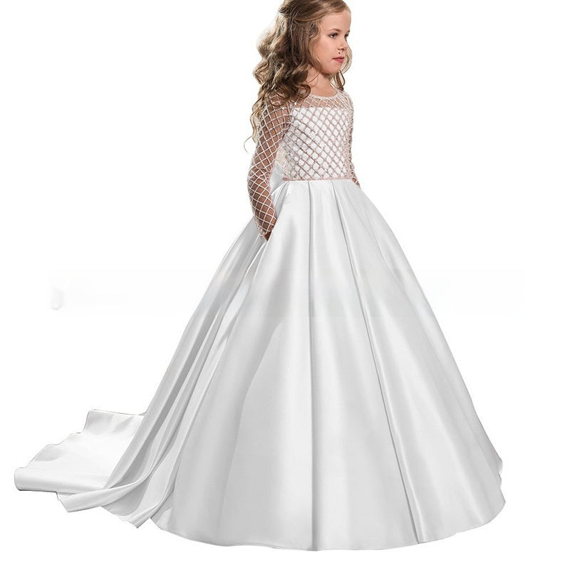 Girls' Trailing Lace Satin Bow Princess Dress