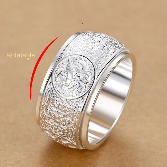 Sterling Silver 999 Pure Silver Men&#039;s Ring Domineering Personality Four Gods Beast Bully Rotatable Width Plus Size Trendy Single Food