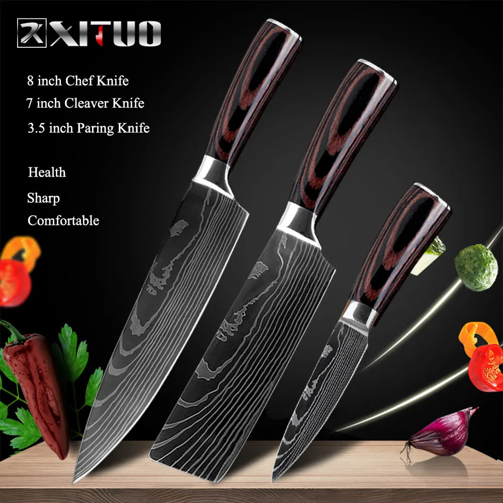 XITUO Kitchen Knives Set 8 inch Chef knife Japanese High Carbon Stainless Steel Damascus Laser Pattern Slicing Santoku knife