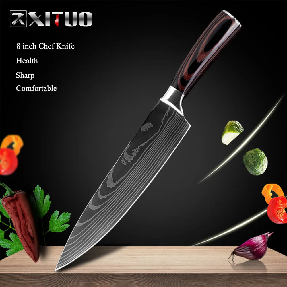 XITUO Kitchen Knives Set 8 inch Chef knife Japanese High Carbon Stainless Steel Damascus Laser Pattern Slicing Santoku knife