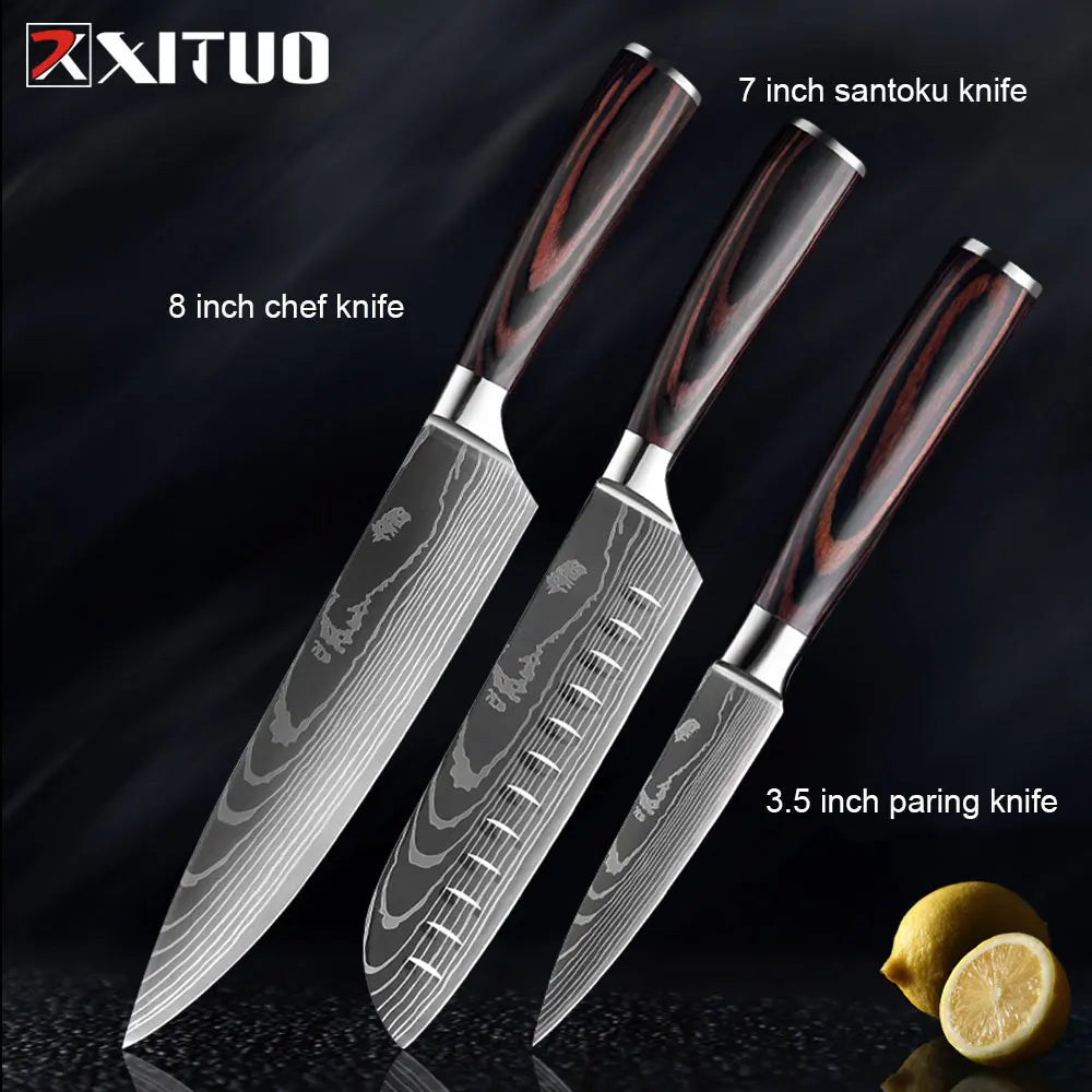 XITUO Kitchen Knives Set 8 inch Chef knife Japanese High Carbon Stainless Steel Damascus Laser Pattern Slicing Santoku knife