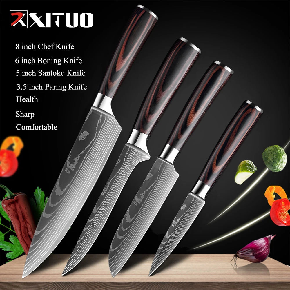 XITUO Kitchen Knives Set 8 inch Chef knife Japanese High Carbon Stainless Steel Damascus Laser Pattern Slicing Santoku knife