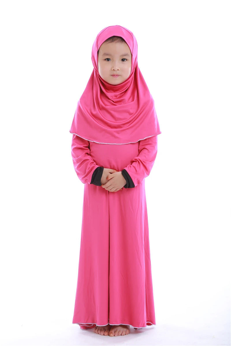 Muslim Kids Girls Prayer Dress Hijab Abaya Robe Arab Dubai Children Ramadan Kaftan Headscarf Islamic Eid Party Gown