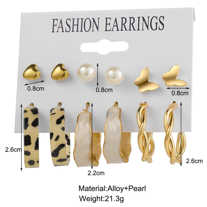 Geometry Pearl Earring Set Heart Leopard For Women Girls Circle Dangle Drop Earring Set Acrylic Metal Square Round Party Jewelry