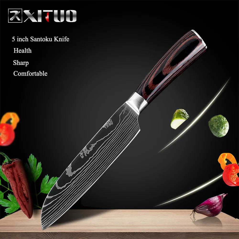 XITUO Kitchen Knives Set 8 inch Chef knife Japanese High Carbon Stainless Steel Damascus Laser Pattern Slicing Santoku knife