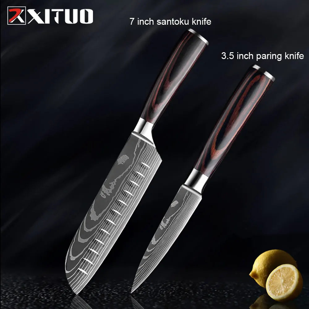 XITUO Kitchen Knives Set 8 inch Chef knife Japanese High Carbon Stainless Steel Damascus Laser Pattern Slicing Santoku knife