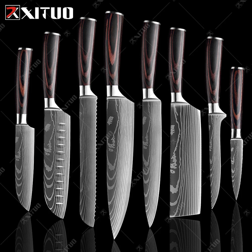 XITUO Kitchen Knives Set 8 inch Chef knife Japanese High Carbon Stainless Steel Damascus Laser Pattern Slicing Santoku knife