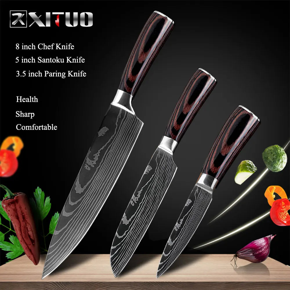 XITUO Kitchen Knives Set 8 inch Chef knife Japanese High Carbon Stainless Steel Damascus Laser Pattern Slicing Santoku knife