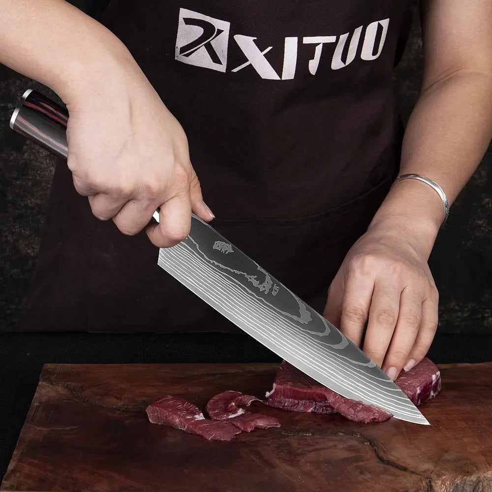 XITUO Kitchen Knives Set 8 inch Chef knife Japanese High Carbon Stainless Steel Damascus Laser Pattern Slicing Santoku knife