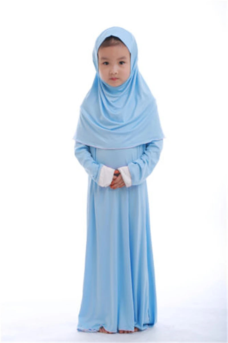 Muslim Kids Girls Prayer Dress Hijab Abaya Robe Arab Dubai Children Ramadan Kaftan Headscarf Islamic Eid Party Gown