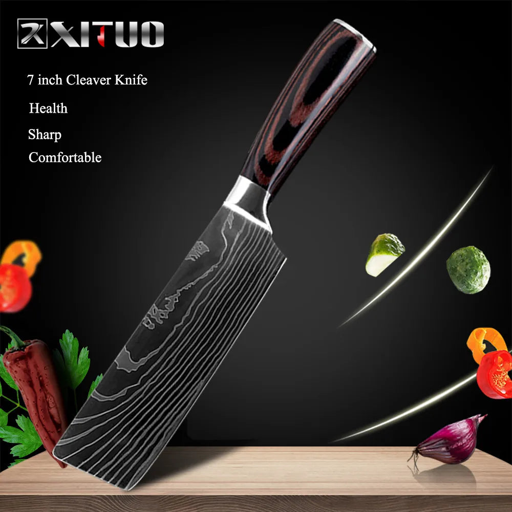 XITUO Kitchen Knives Set 8 inch Chef knife Japanese High Carbon Stainless Steel Damascus Laser Pattern Slicing Santoku knife