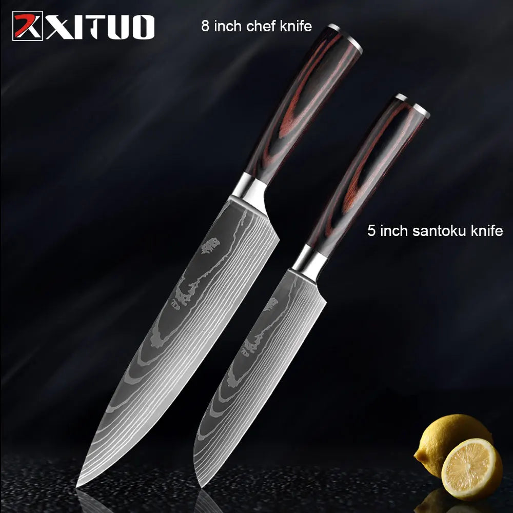 XITUO Kitchen Knives Set 8 inch Chef knife Japanese High Carbon Stainless Steel Damascus Laser Pattern Slicing Santoku knife