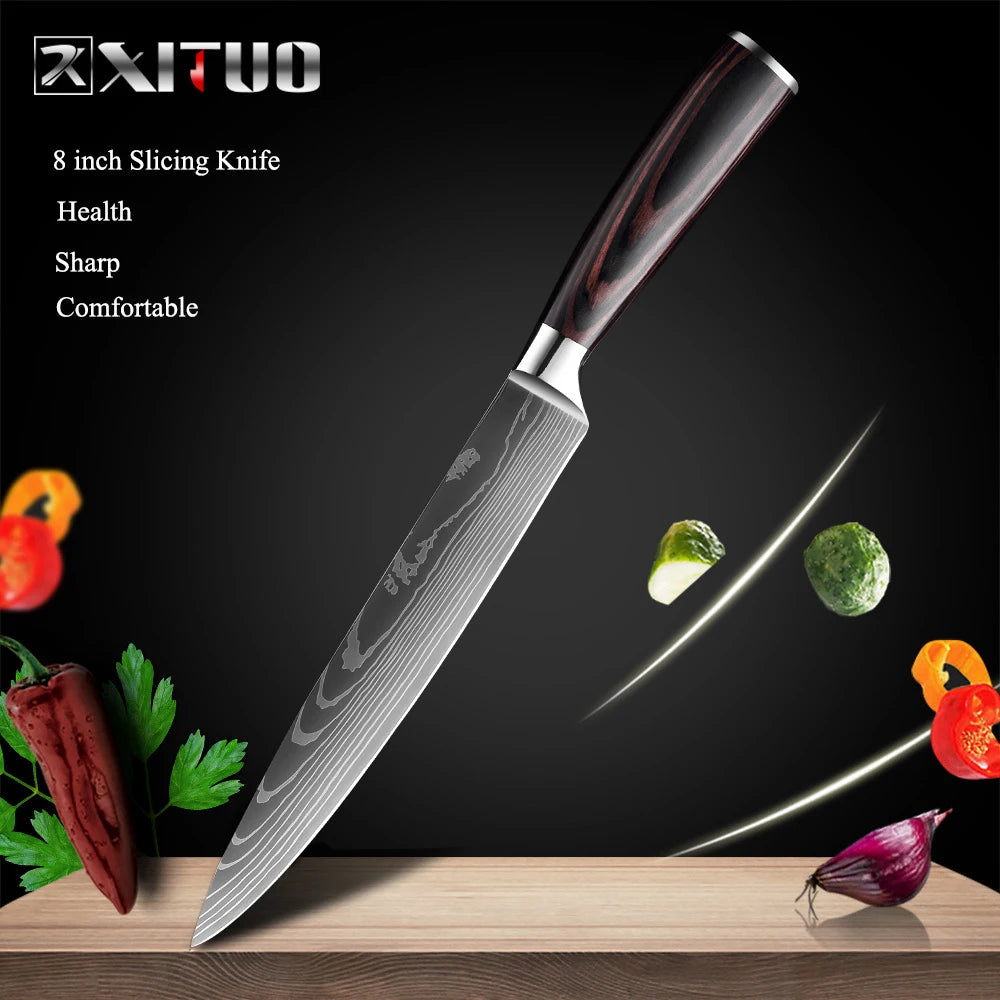 XITUO Kitchen Knives Set 8 inch Chef knife Japanese High Carbon Stainless Steel Damascus Laser Pattern Slicing Santoku knife