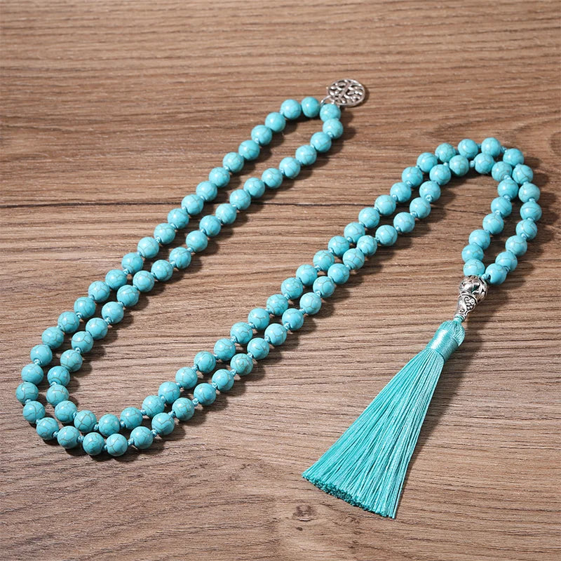 8MM Turquoise Knotted Japamala Necklace Meditation Yoga Spirit Jewelry 108 Mala Beaded Men's and Women's Holiday Gift