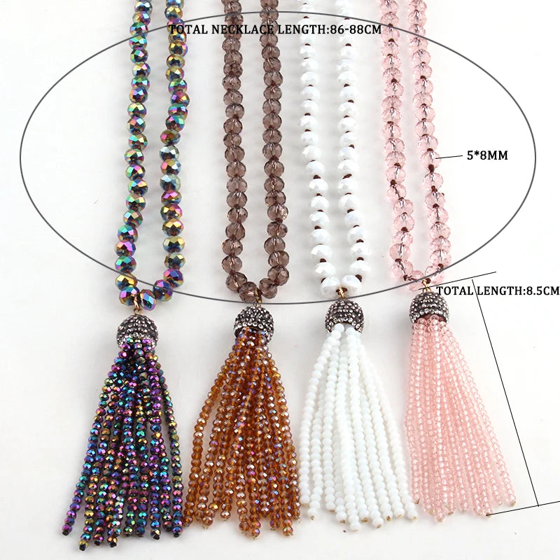 Fashion Bohemian Tribal Jewelry Glass Knotted Crystal Tassel Necklaces For Women Ethnic Necklace