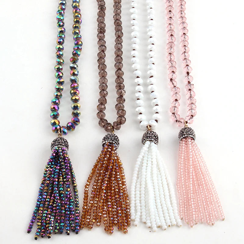 Fashion Bohemian Tribal Jewelry Glass Knotted Crystal Tassel Necklaces For Women Ethnic Necklace