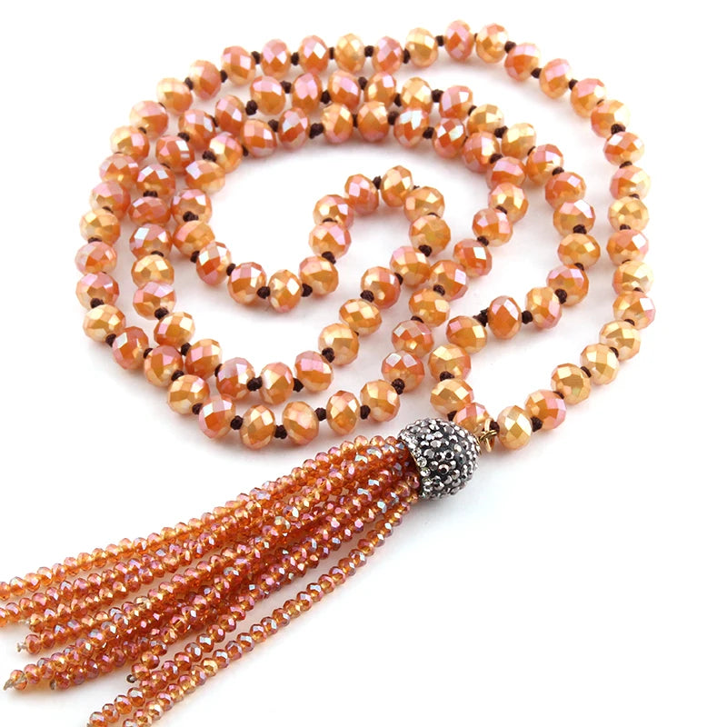 Fashion Bohemian Tribal Jewelry Glass Knotted Crystal Tassel Necklaces For Women Ethnic Necklace