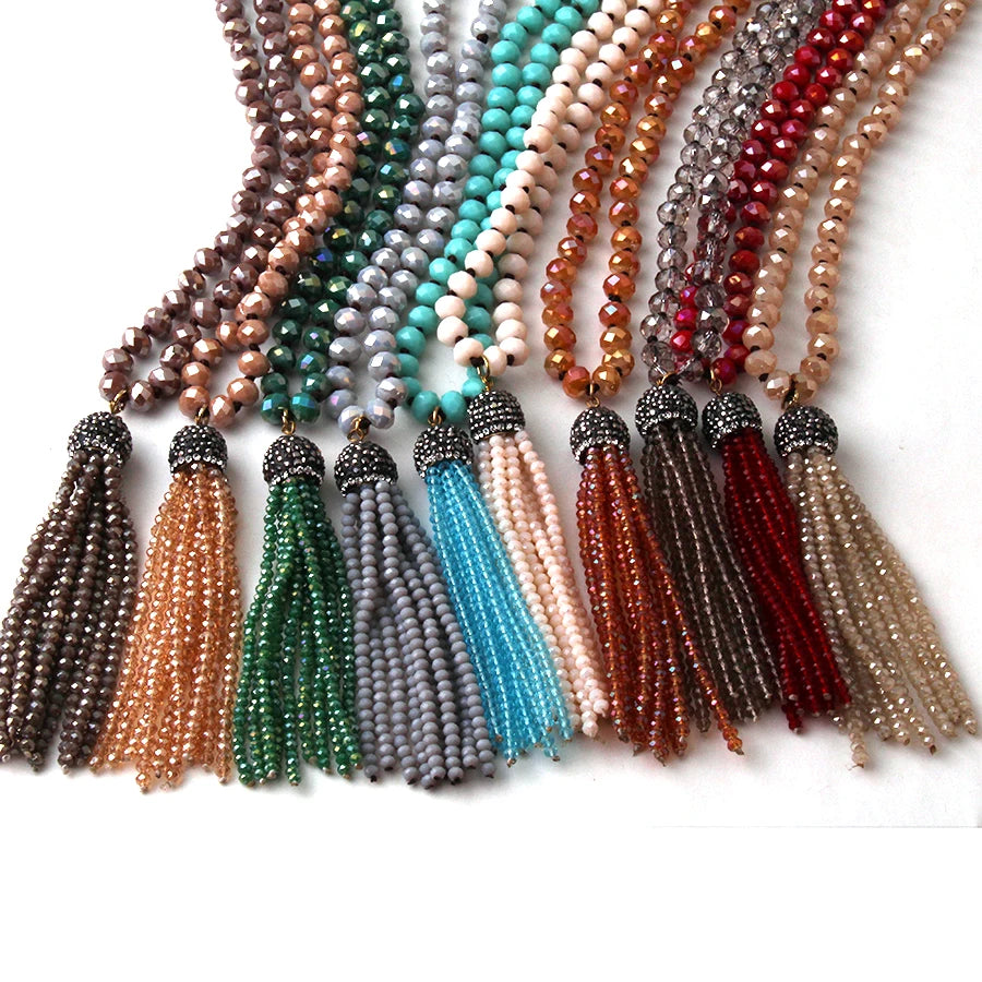 Fashion Bohemian Tribal Jewelry Glass Knotted Crystal Tassel Necklaces For Women Ethnic Necklace