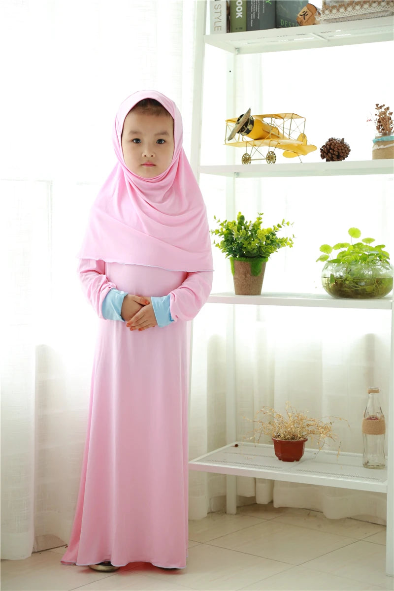 Muslim Kids Girls Prayer Dress Hijab Abaya Robe Arab Dubai Children Ramadan Kaftan Headscarf Islamic Eid Party Gown