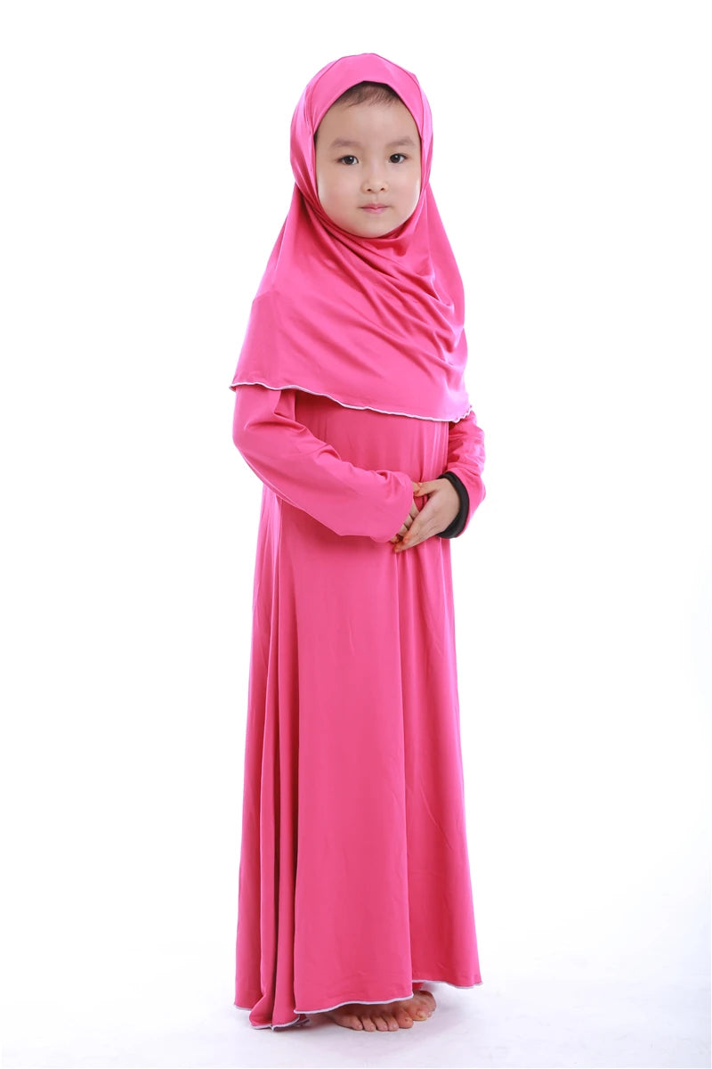 Muslim Kids Girls Prayer Dress Hijab Abaya Robe Arab Dubai Children Ramadan Kaftan Headscarf Islamic Eid Party Gown