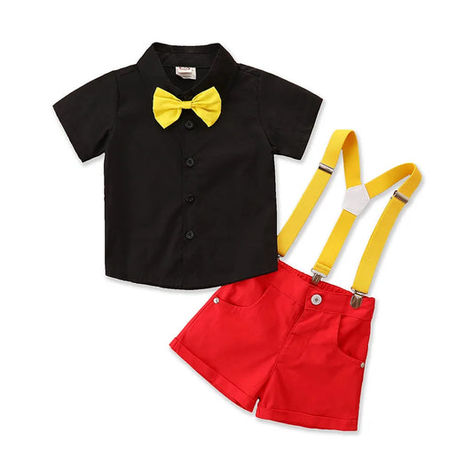 Toddler Baby Boys Gentleman Suits, Summer Short Sleeve Bowtie Lapel Shirt + Bib Shorts Set 9M-5T