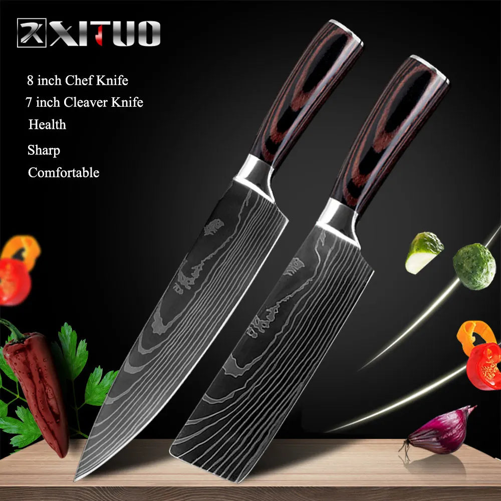 XITUO Kitchen Knives Set 8 inch Chef knife Japanese High Carbon Stainless Steel Damascus Laser Pattern Slicing Santoku knife