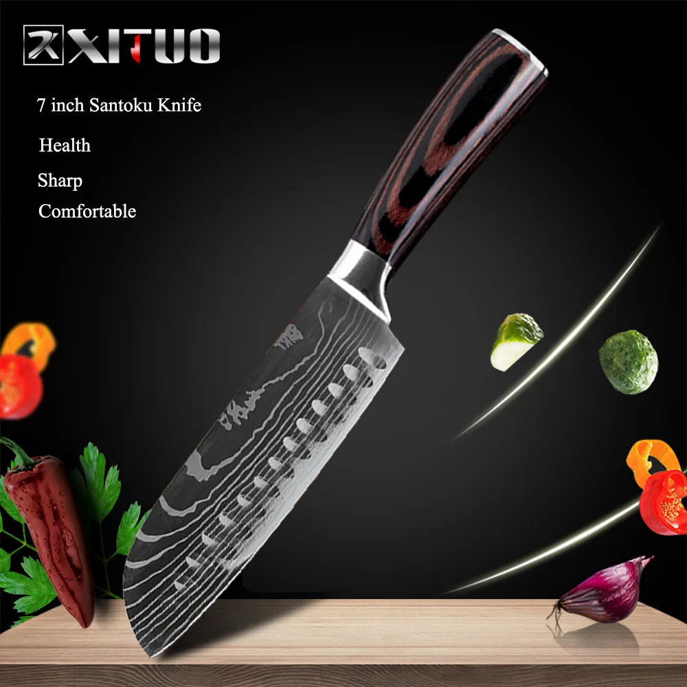 XITUO Kitchen Knives Set 8 inch Chef knife Japanese High Carbon Stainless Steel Damascus Laser Pattern Slicing Santoku knife