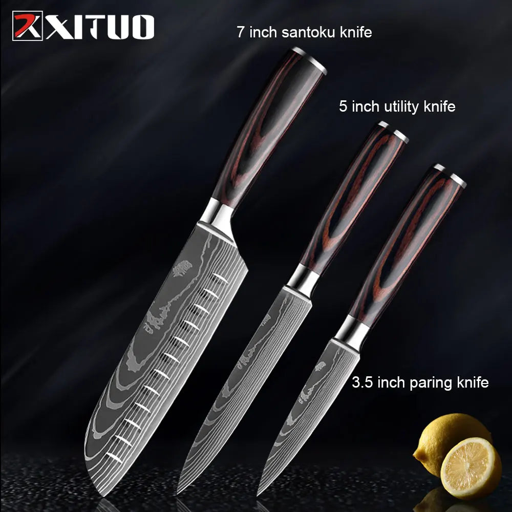 XITUO Kitchen Knives Set 8 inch Chef knife Japanese High Carbon Stainless Steel Damascus Laser Pattern Slicing Santoku knife