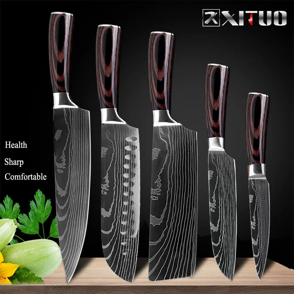 XITUO Kitchen Knives Set 8 inch Chef knife Japanese High Carbon Stainless Steel Damascus Laser Pattern Slicing Santoku knife