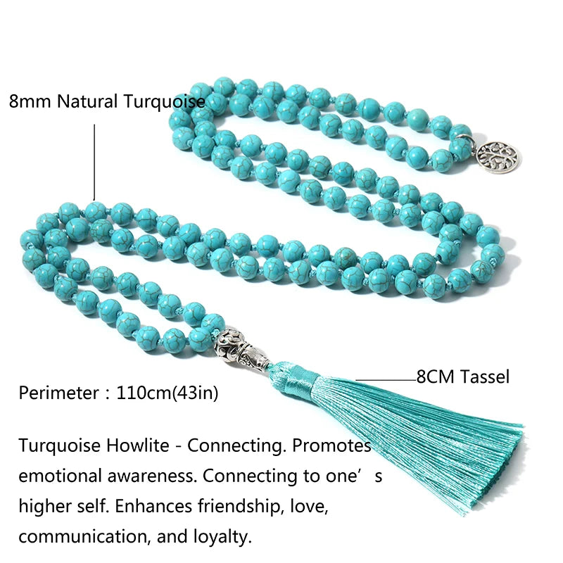 8MM Turquoise Knotted Japamala Necklace Meditation Yoga Spirit Jewelry 108 Mala Beaded Men's and Women's Holiday Gift