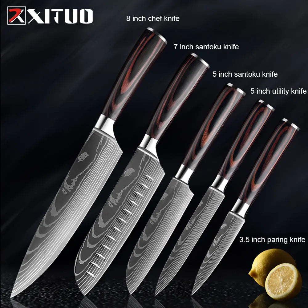 XITUO Kitchen Knives Set 8 inch Chef knife Japanese High Carbon Stainless Steel Damascus Laser Pattern Slicing Santoku knife