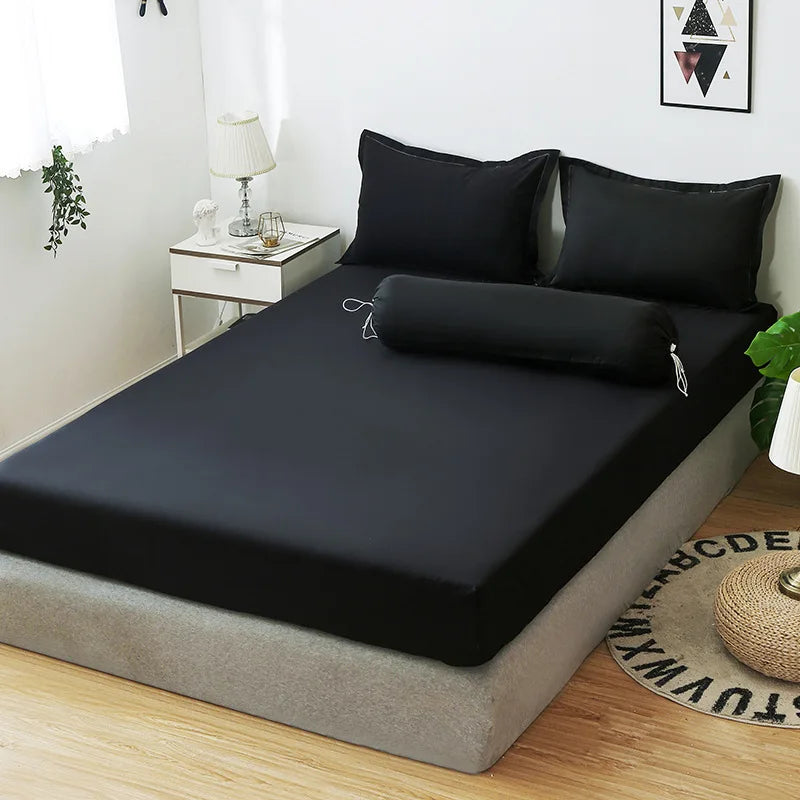 Solid Color Black All-inclusive Mattress Cover Soft Sanding King Queen Size Bed Fitted Sheet Not Including Pillowcase