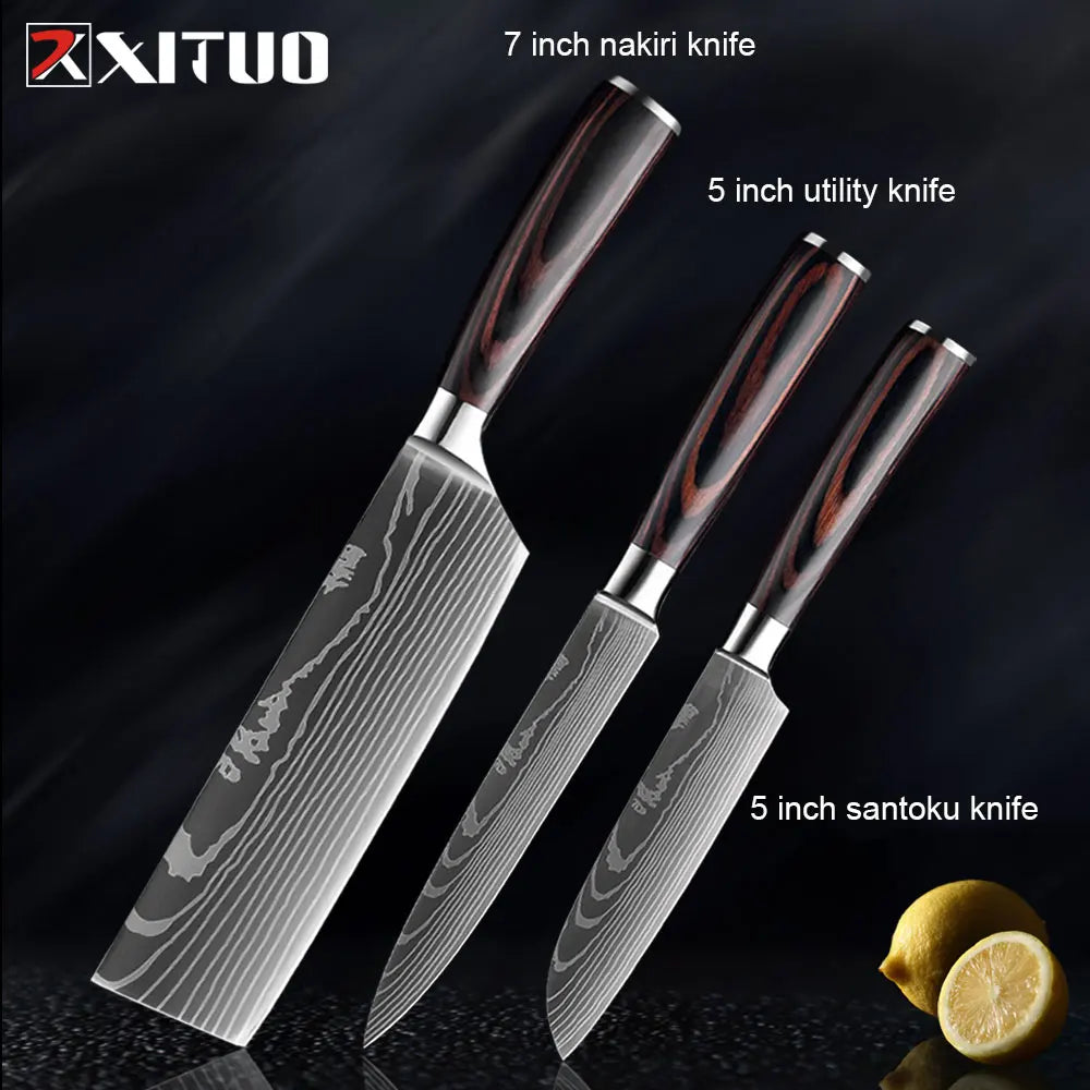 XITUO Kitchen Knives Set 8 inch Chef knife Japanese High Carbon Stainless Steel Damascus Laser Pattern Slicing Santoku knife