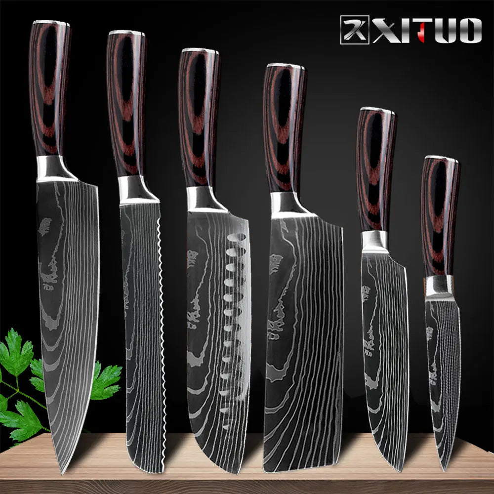 XITUO Kitchen Knives Set 8 inch Chef knife Japanese High Carbon Stainless Steel Damascus Laser Pattern Slicing Santoku knife