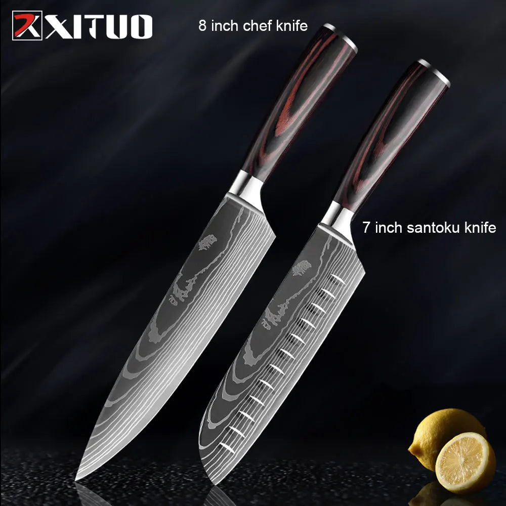 XITUO Kitchen Knives Set 8 inch Chef knife Japanese High Carbon Stainless Steel Damascus Laser Pattern Slicing Santoku knife