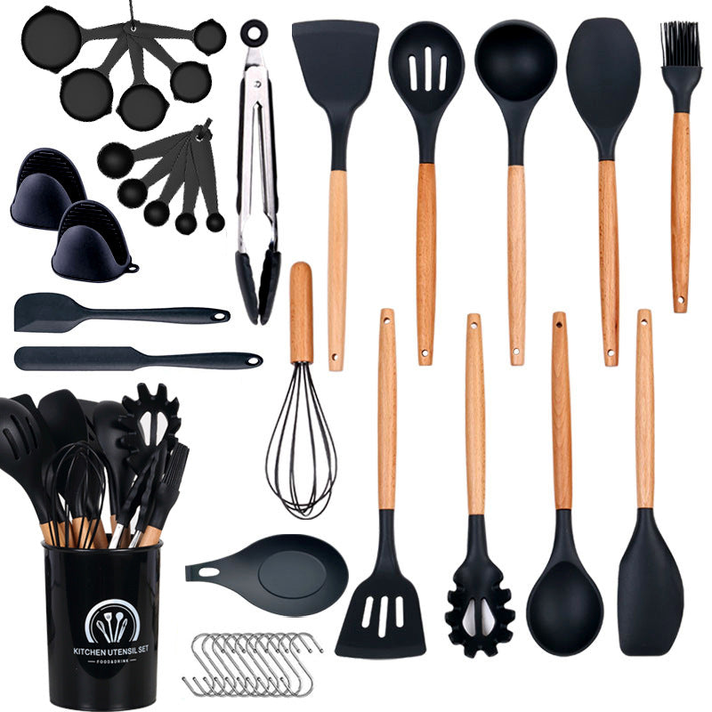 37 Pc Heat Resistant Silicone Kitchenware Set For Non-stick Cooking Spoon Shovel Wooden Handle Kitchen Utensil Set