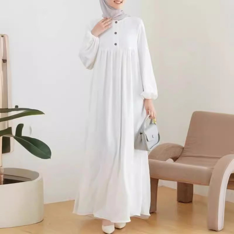 Muslim Women&#039;s Robe Fashion Casual Bubble Sleeve Simple Loose Solid Color Dress