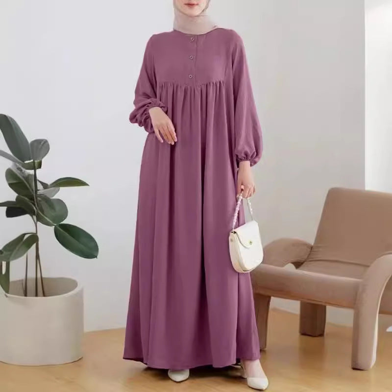 Muslim Women&#039;s Robe Fashion Casual Bubble Sleeve Simple Loose Solid Color Dress