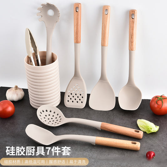 Silicone Kitchenware Set Of 7 With Storage Barrel Wooden Handle Stir-frying Shovel Spandrel Fence Colander Kitchen Kitchenware Suit